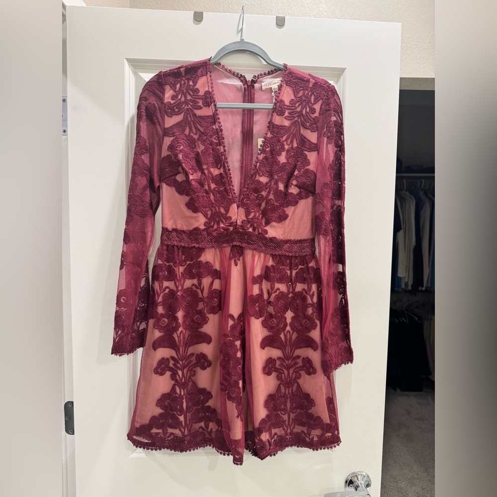 Vici Burgundy Floral Lace Long Sleeve Dress